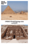 Text: UNESCO World Heritage sites in EGYPT. Images: above, pyramids; below, huge statues.