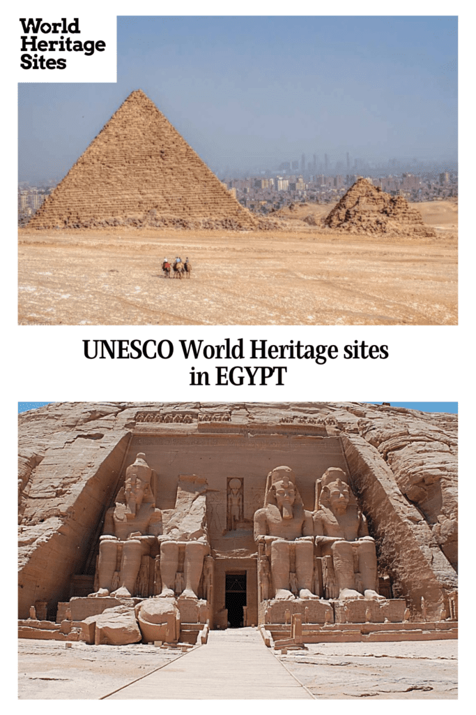 Text: UNESCO World Heritage site in EGYPT. Images: above, a pyramid; below, large statues guarding the entrance to an ancient temple.