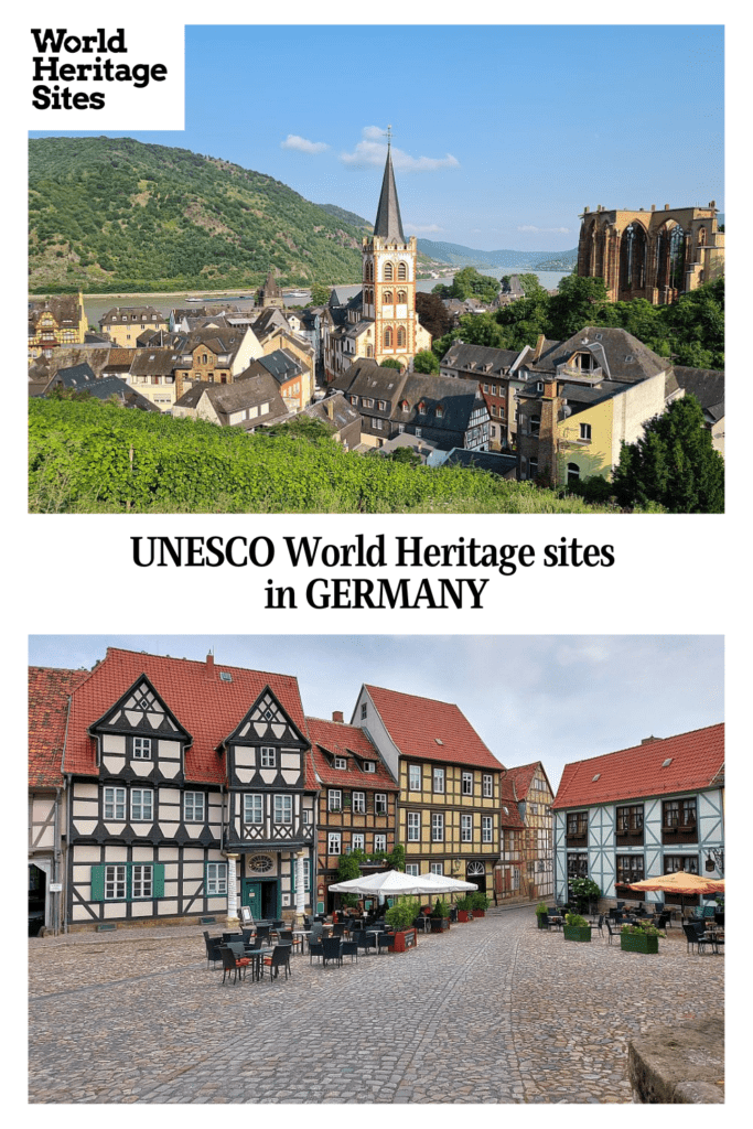 Text: UNESCO World Heritage sites in Germany. Images: above, a village nestled between hills; below, a square with half-timbered houses around it.