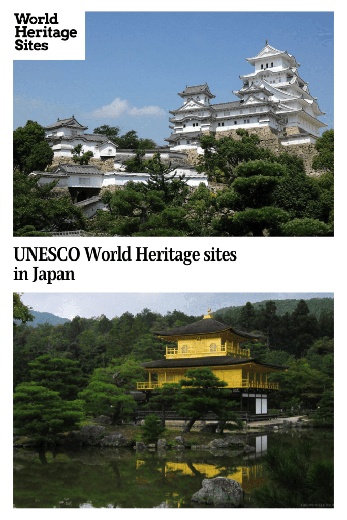 Text: UNESCO World Heritage sites in Japan. Images: Himeji Castle above, a temple in Kyoto below.