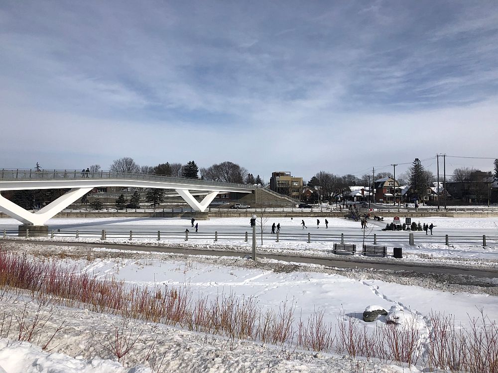The Rideau canal is frozen and a scattering of people skate on it. A modern bridge crosses it on the left.