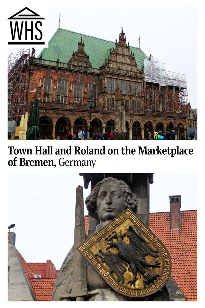 Text: Town Hall and Roland on the Marketplace of Bremen, Germany
Images: Top, Town hall. Bottom, Statue.