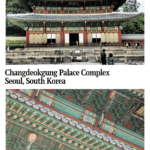 Text: Changdeokgung Palace Complex, Seoul, South Korea. Images: Above, the central temple building; below, a detail of the eaves of the roof.