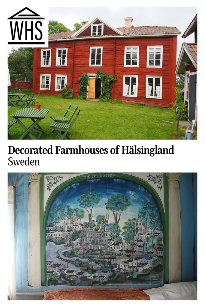 Text: Decorated Farmhouses of Hälsingland, Sweden.
Images: Top, a bright red wooden farmhouse with a white trim and yellow door.
Bottom, a painting in a bedroom displaying a fanciful version of Stockholm. The painting shows several churches and small houses in white surrounded by trees and blue sky.