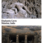 Text: Elephanta Caves, Mumbai, India. Images: above, a carved bas-relief image of Shiva with many smaller carved bas-reliefs around it; below, the entrance to the cave, supported by 4 stout pillars.