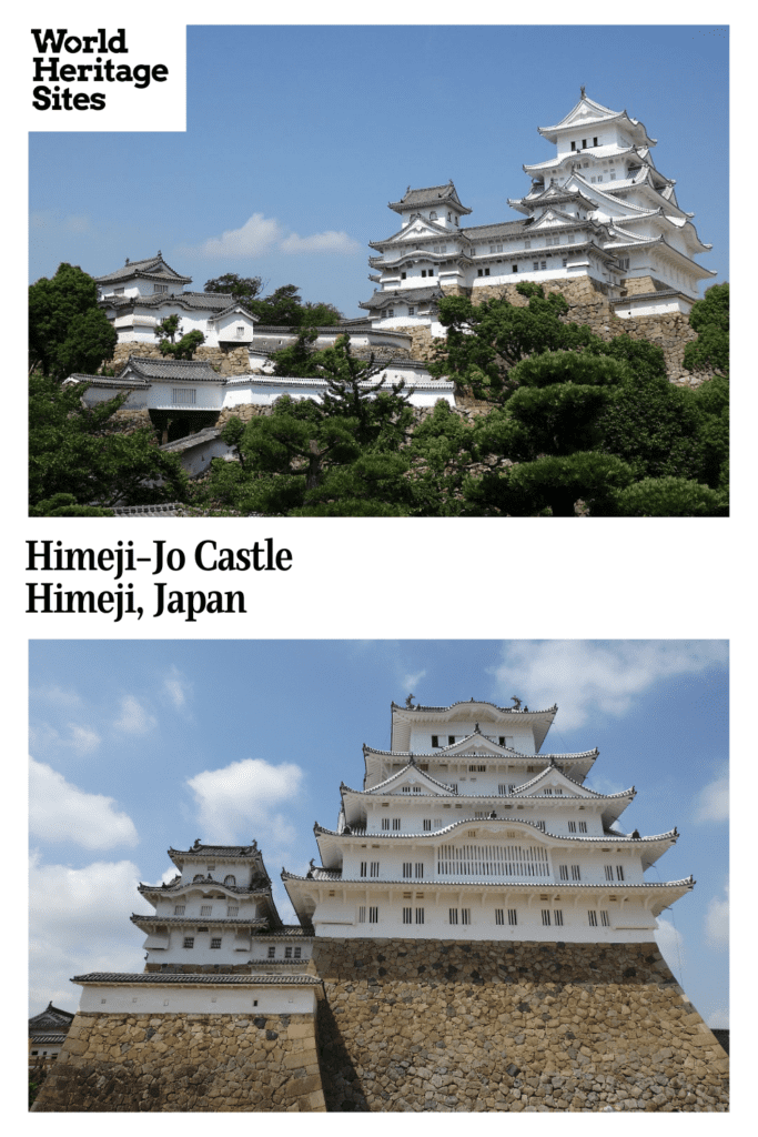 Text: Himeji-Jo Castle, Himeji, Japan. Images: two images of the castle from different sides.