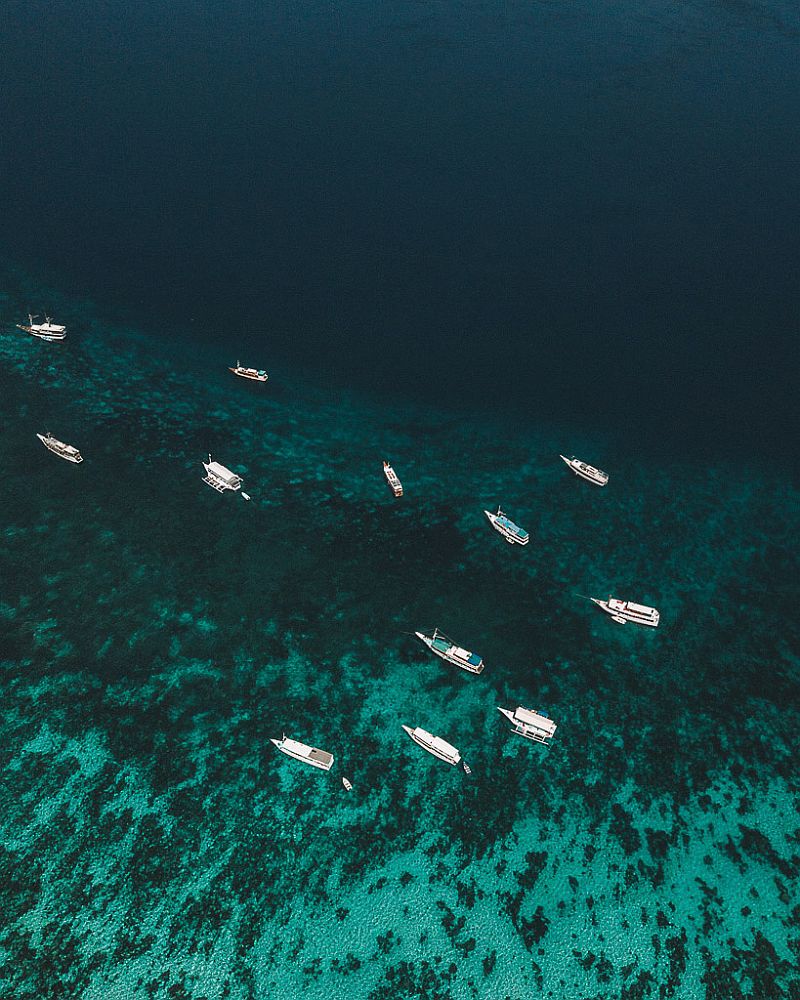 View from above of boats on very clear blue water. They all point in the same direction. Below them the bottom of the sea is visible: in some places sandy, in others covered with something that may be seaweed and may be coral.