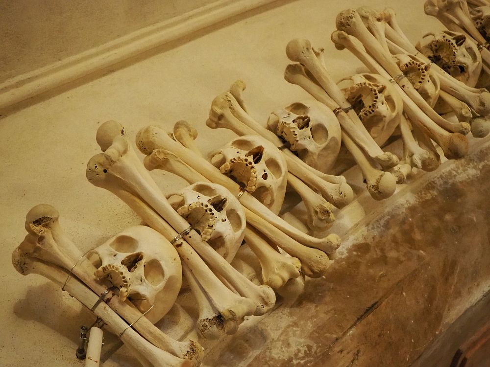 A row of skulls along an archway. Between each two skulls is a bundle of 2 or 3 long straight bones.