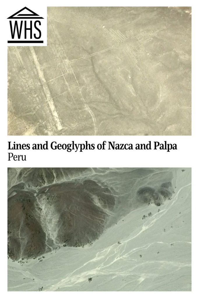 Text: Lines and Geoglyphs of Nazca and Palpa.
Images: Top, a top-down view of a geoglyph of an abstract bird on an arid landscape. Bottom, a top-down view of a geoglyph of a stick figure-like man on the side of a low mountain.