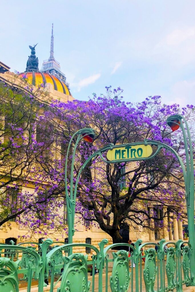 Metro sign in art nouveau style in front of a purple-flowered tree and the domed Palace of Fine Arts.