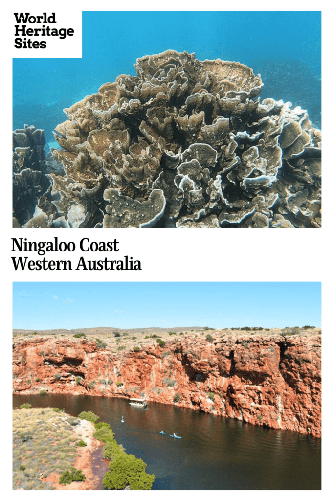 Text: Ningaloo Coast, Western Australia. Images: bove, a clump of coral in the ocean; below, a river cutting through red stone cliffs.