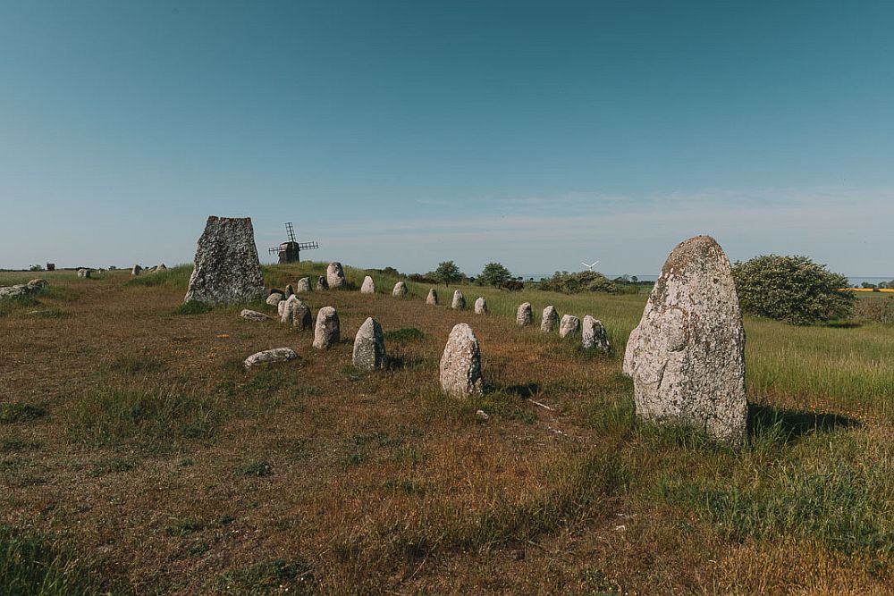 A field with a double row of standing stones, mostly small, but with a larger one at each end. In the distance a windmill.