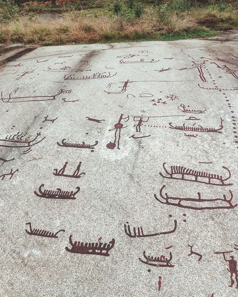 On a large flat gray rock, dark red line drawings: several look like they might be boats, with people in them, or perhaps they're showing oars sticking up. A few human figures at the top holding items: a long stick, perhaps,  a gourd or shield. Several 4-legged animals too.