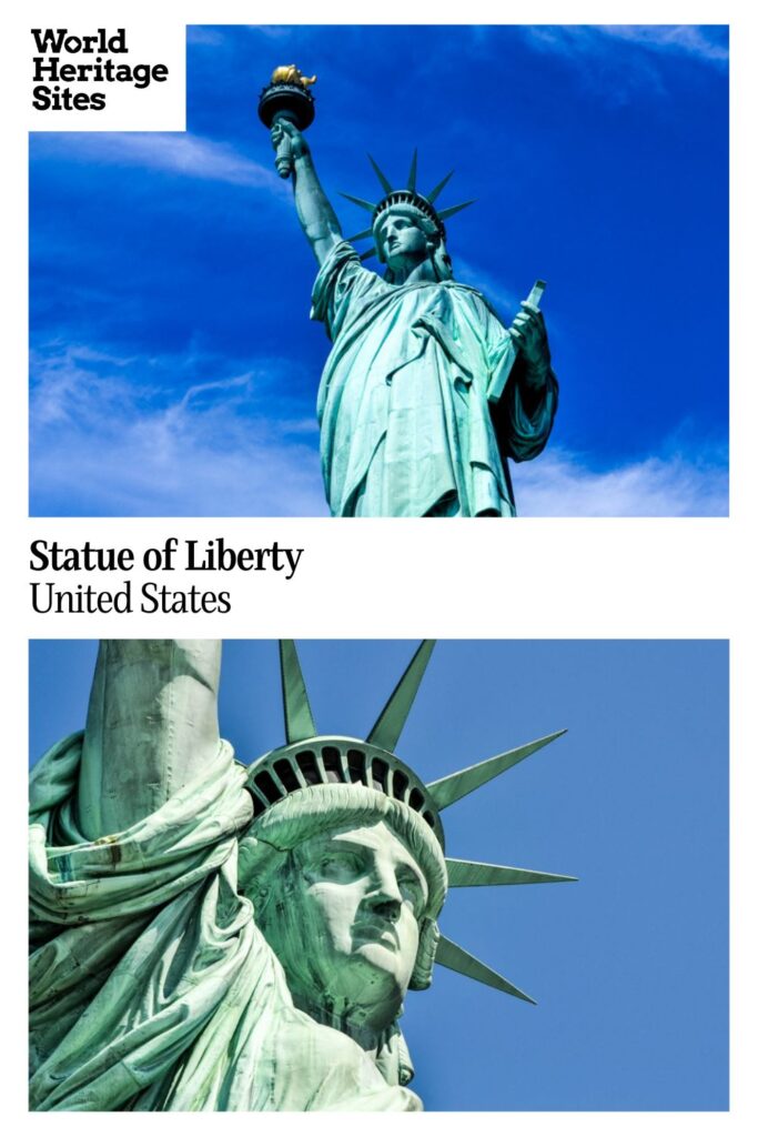 Text: Statue of Liberty, United States. Images: above, the statur seen from the knees up; below, closer view of face and crown.