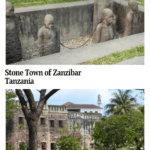 Text: Stone Town of Zanzibar, Tanzania. Images: above, a view of the Old Fort; below, a commemorative artwork depicting slaves, chained together, standing in a pit in the ground.