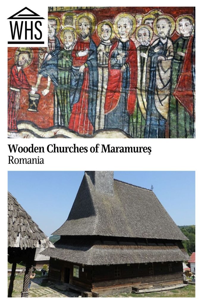 Text: Wooden Churches of Maramureş, Romania
Images: Top: an image of Jesus washing the feet of the apostles. Bottom, a wooden church with a steep double roof in neat overlapping shingles.