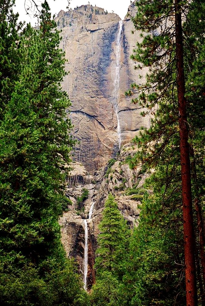 Very tall cliff seen between trees, a thin waterfall falling down the face of the cliff.