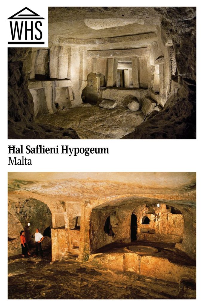 Text: Ħal Saflieni Hypogeum, Malta.
Images: Top, stone carved room within the prehistoric burial site.
Bottom, two large archways carved into the rock.