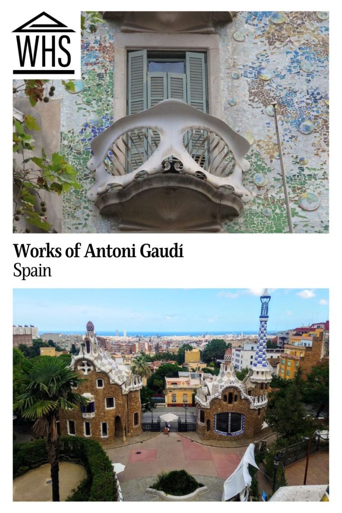 Text: Works of Antoni Gaudí, Spain.
Images: Top, view of a balcony embellished in organic colours and shapes. Bottom, a partial view of Park Guell in which two buildings with a fairy tale like appearance form the foreground with the greater city behind.
