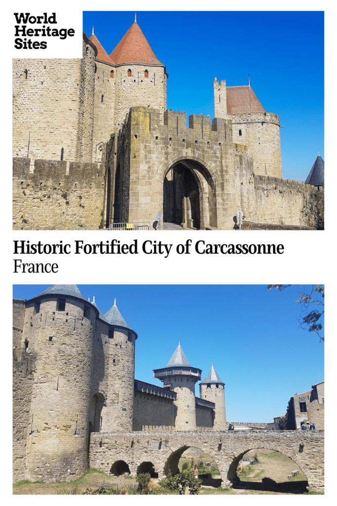 Text: Historic Fortified City of Carcassonne, France. Images: Two views of castle walls and fortifications.