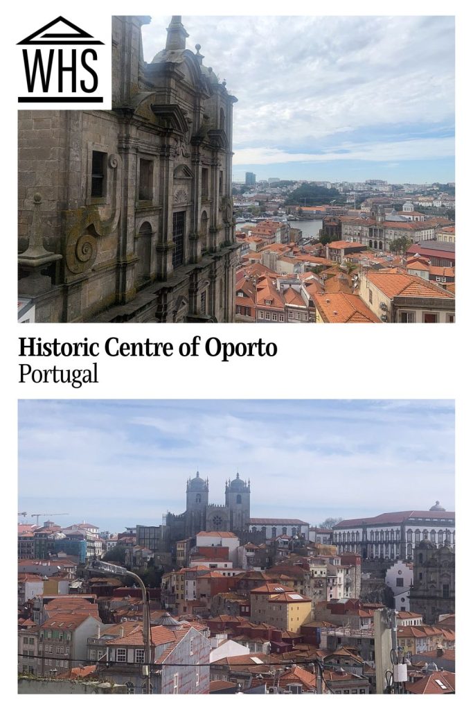 Text: Historic Centre of Oporto, Portugal.
Images: Top, to the left a flat facade of a large stone building with decorative window. To the right an expansive view over the red roofs of the city. Bottom, a view over the sloped city with red rooves, leading up to a large stone cathedral with two towers.