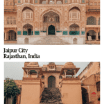 Text: Jaipur City, Rajasthan, India. Images: Above, a palace in ornately carved and painted pink stone; below, a monumental stairway to another pink building.