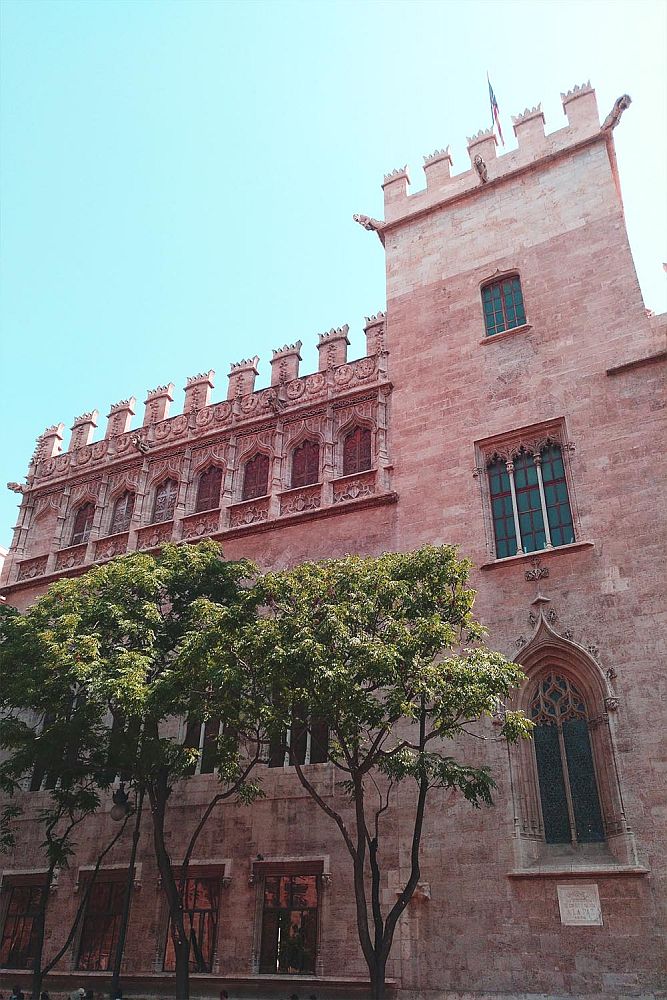 Looking up at the outside of the building. On the right a square towre a bit taller than the rest. All of it has ornate crenellations along the top, and the story under the crenellations has ornately-carved windows. The windows under that are also carved, but less ornate.