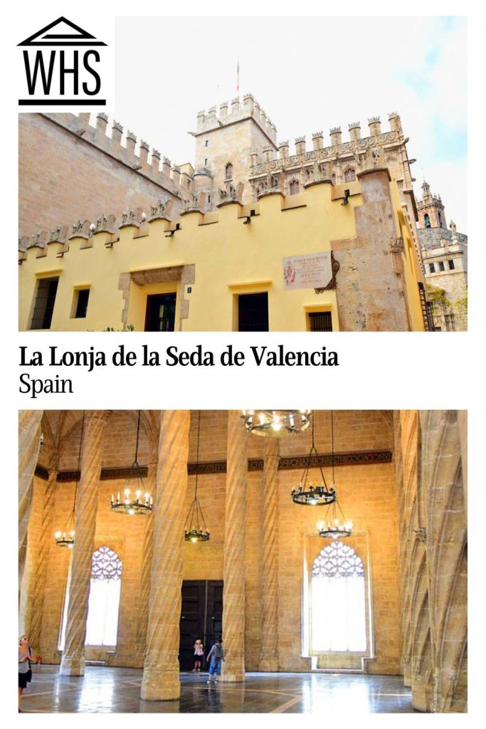 Text: La Lonja de la Seda de Valencia, Spain.
Images: Top, a look up to a building's roof lines. Unusually ornate crenallations line the top of the entire structure.
Bottom, a view of inside La Lonja. An extremely high ceiling shows gothic arches held up by slender spirally-carved collumns.