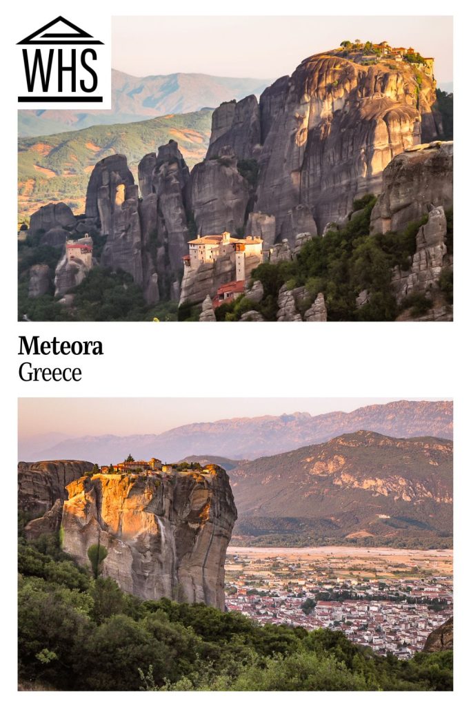 Meteora, Greece Images: Both distant views of dramatic rock formations housing monasteries.