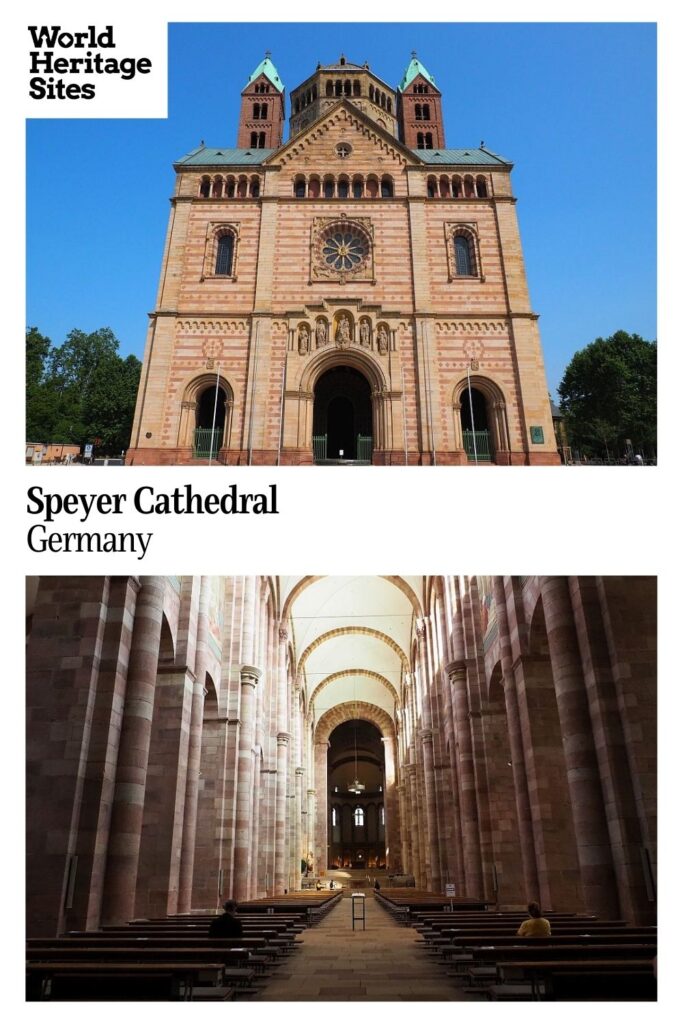 Text: Speyer Cathedral, Germany. Images: above, the front of the cathedral; below, the interior.