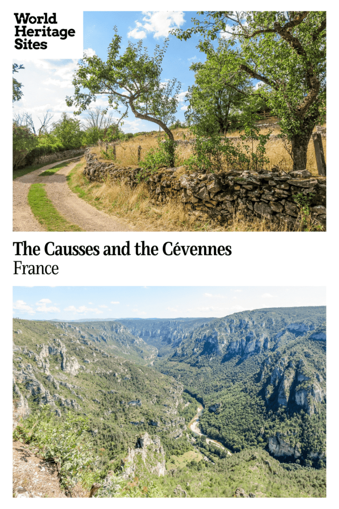 Text: The Causses and the Cévennes, France. Images: above, a country lane; below, view over a gorge.