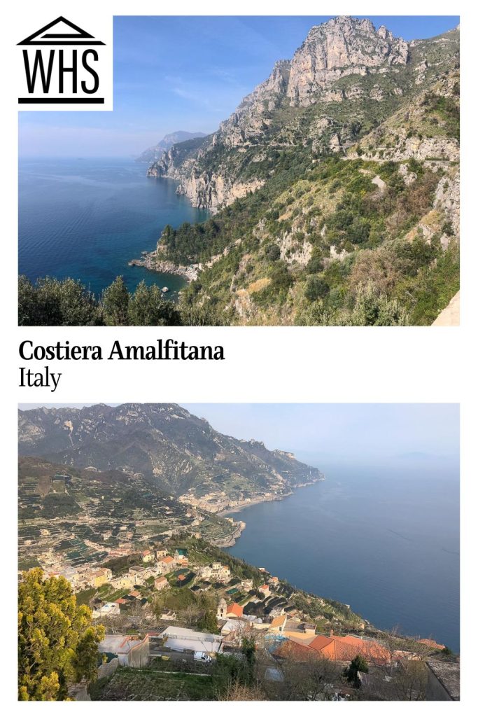 Text: Costiera Amalfitana, Italy.
Images: Top, A view along the Amalfi Coast. Bottom, A view from the land over a section of the Amalfi Coast including buildings and layered farms.