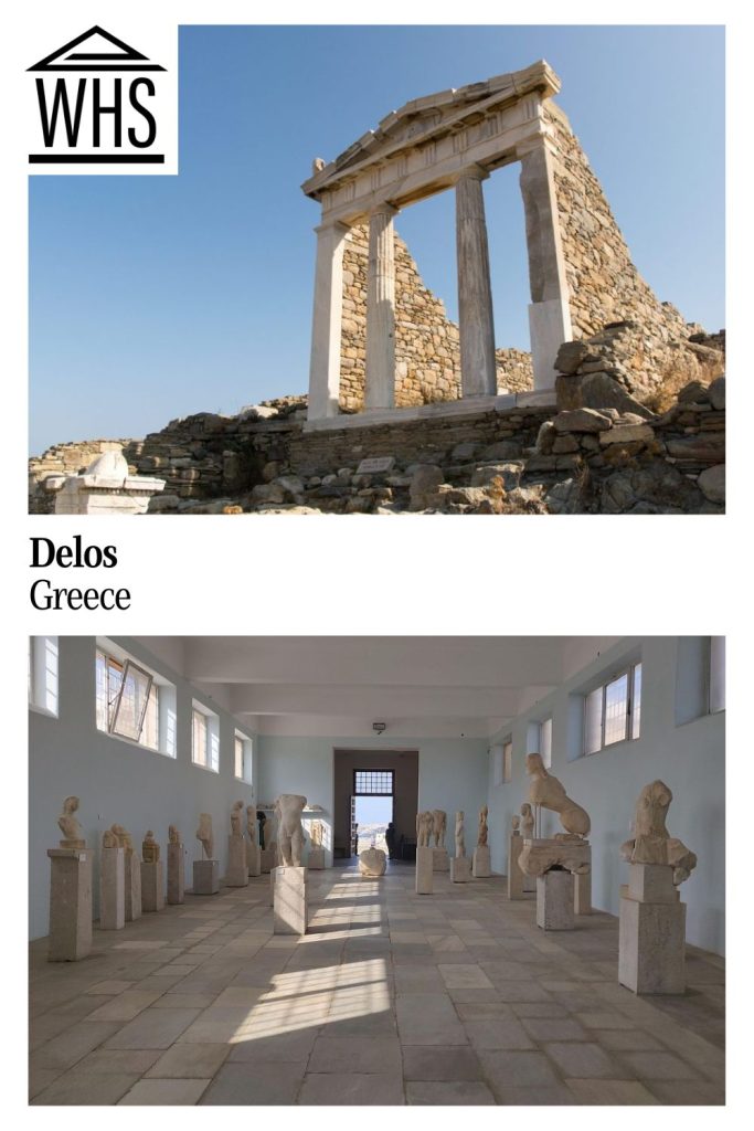 Delos, Greece Images: Top, archway ruins. Bottom, room full of ancient Greek sculptures.