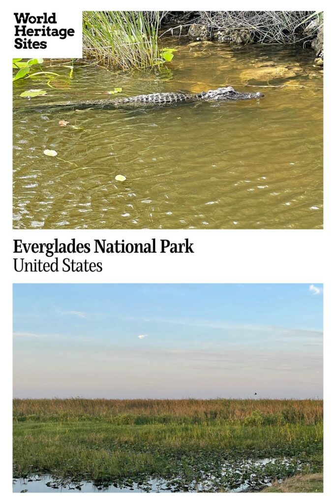 Text: Everglades National Park, United States. Images: above, an alligator in the water; below, a view over the grassy wetlands.