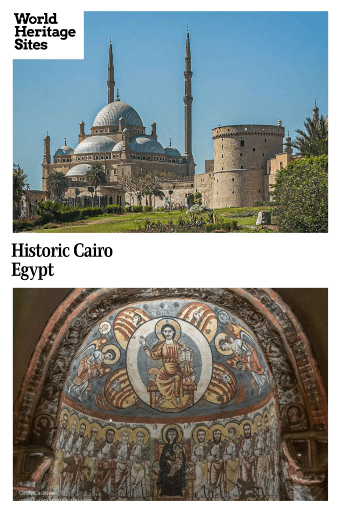 Text: Historic Cairo, Egypt. Images: above, a view of the Alabaster Mosque; below, a fresco in the Coptic Museum showing medieval-period Christian iconography.