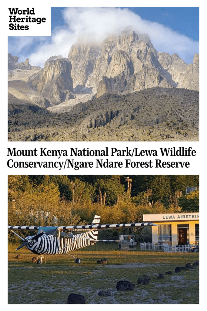 Text: Mount Kenya National Park/Lewa Wildlife Conservancy/Ngare Ndare Forest Reserve. Images: above: a view of Mount Kenya; below: a small airplane on a grass landing strip.