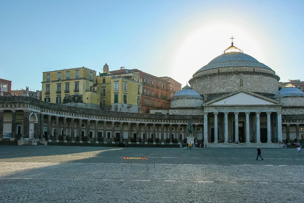 A view of the Piazza del Plebiscito, with its elegant porticos, in the historic center of Naples.