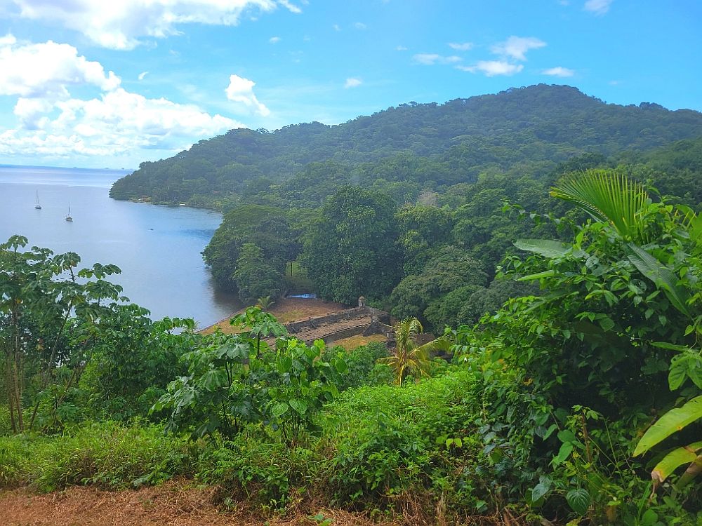 View from a fort at Portobelo: wooded hilly land with the blue sea on the left.