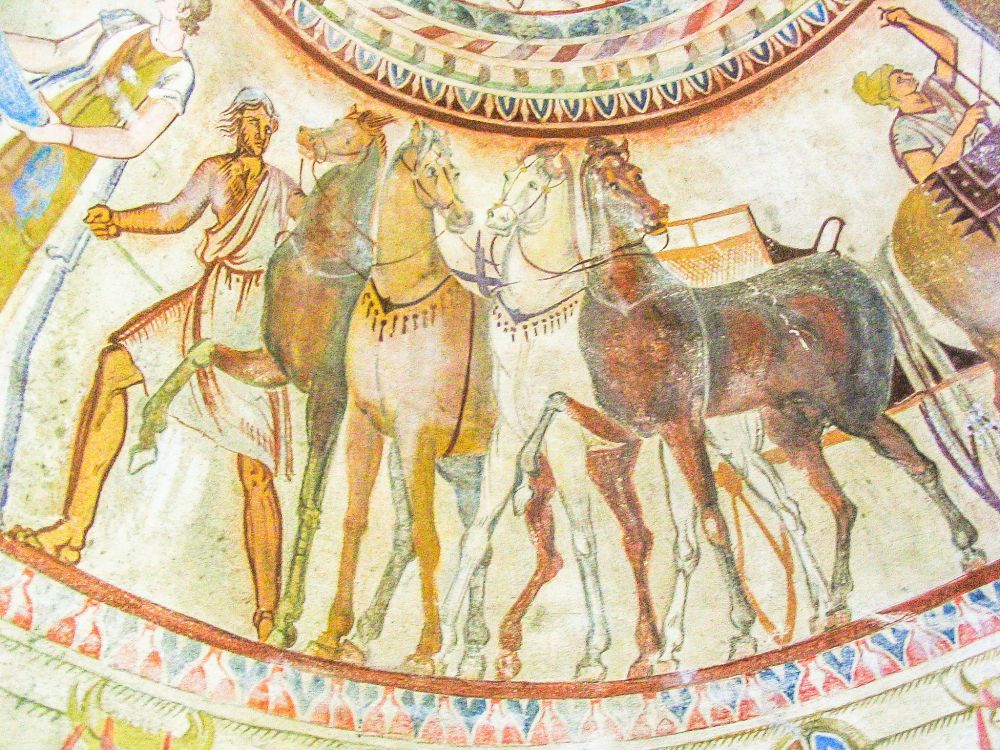 The fresco from the Thracian Tomb of Kazanlak is clearly in good condition with colors still intact. It depicts a horseman leading 4 horses.