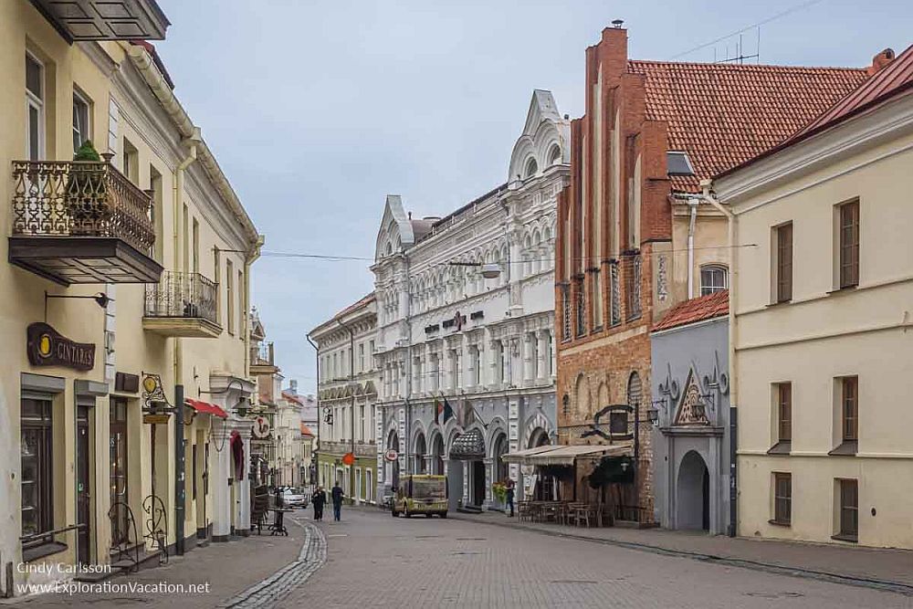 In Vilnius historic center, a street view with a variety of different architectural styles.