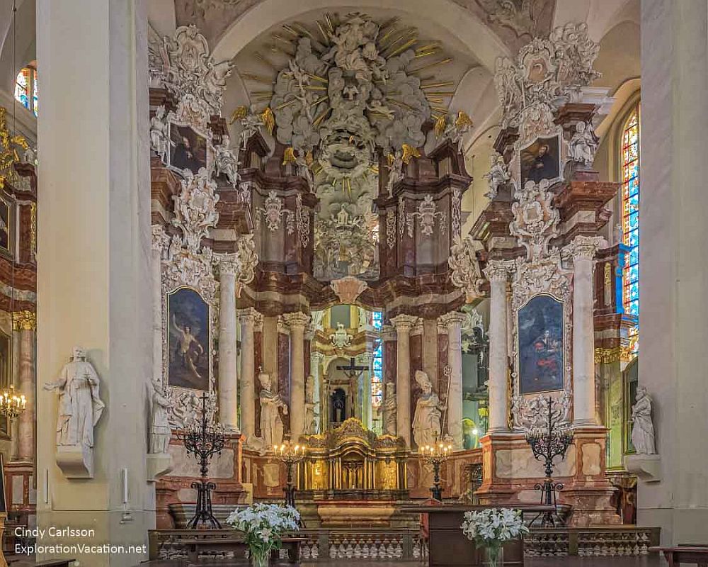 Inside a church in Vilnius, a very ornate baroque altarpiece.
