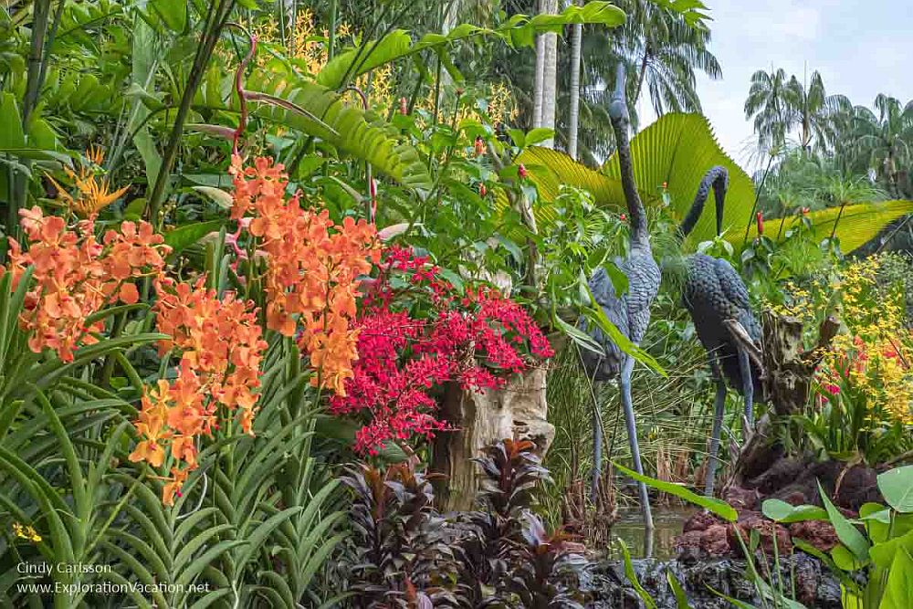 In the foreground, brightly colored flowers - orchids - cluster in front of the overgrowth in orange and bright pink. Behind them, partly obscured by all the luxuriant greenery are two statues of birds, perhaps cranes or flamingos in metal.
