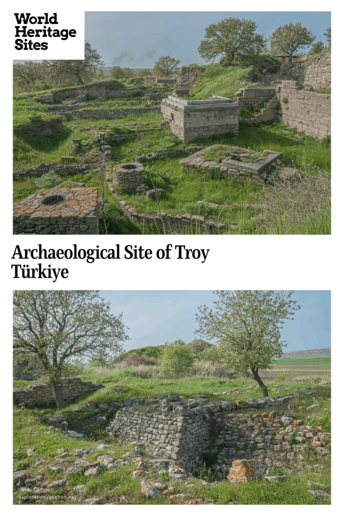 Text: Archaeological Site of Troy, Türkiye. Images both show scattered ruins of structures and walls.