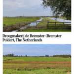 Text: Droogmakerij de Beemster (Beemster Polder), the Netherlands. Images: two views of the folder: flat and edged by small drainage canals.