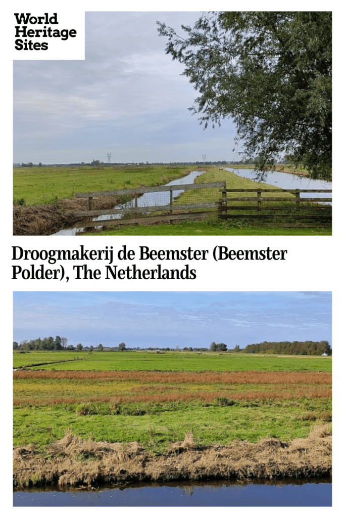 Text: Droogmakerij de Beemster (Beemster Polder), the Netherlands. Images: two views of the folder: flat and edged by small drainage canals.