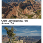 Text: Grand Canyon National Park, Arizona, USA. Images: two views of the canyon from different vantage points.