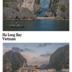 Text: Ha Long Bay, Vietnam. Images: Above, a small fishing boat in front of two of the islands; below, a larger cruise boat in the foreground in front of an island, and more cruise boats behind it in the distance.