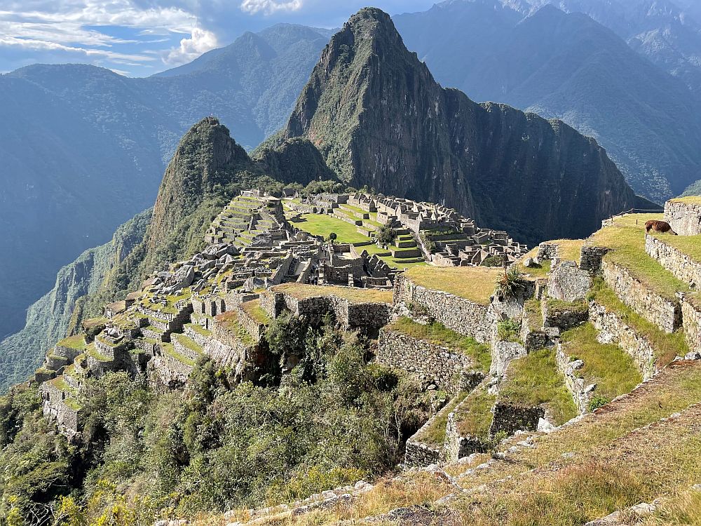 The classic view of the Machu Picchu ruins: On a ridge that ends in a sharp peak, the steep walls of what was the citadel form terraces in the steep sides of the ridge. On a small flat area along the top of the ridge, the ruins of buildings.