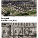 Text: Persepolis, Fars Province, Iran. Images: above, a view from a height at the whole area of the ruins; below, a bas-relief.