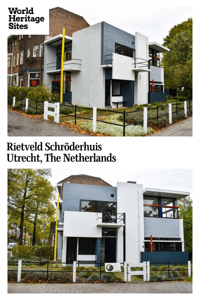 Text: Rietveld Schroderhuis, Utrecht, the Netherlands. Images: two views of the house, one from the corner, above, and one from the front below.